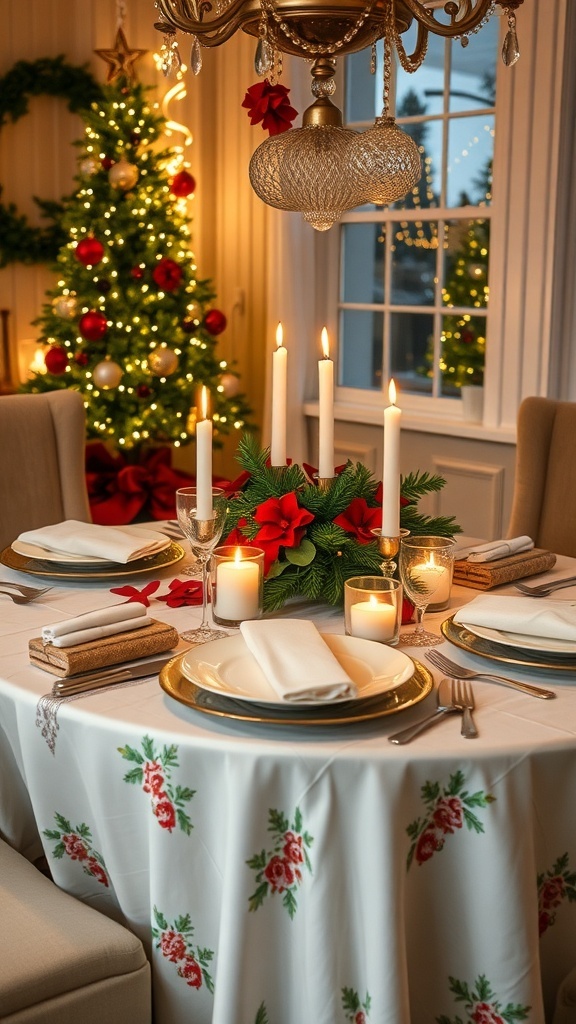 A festive Christmas table setting with elegant dinnerware, candles, and seasonal decorations.
